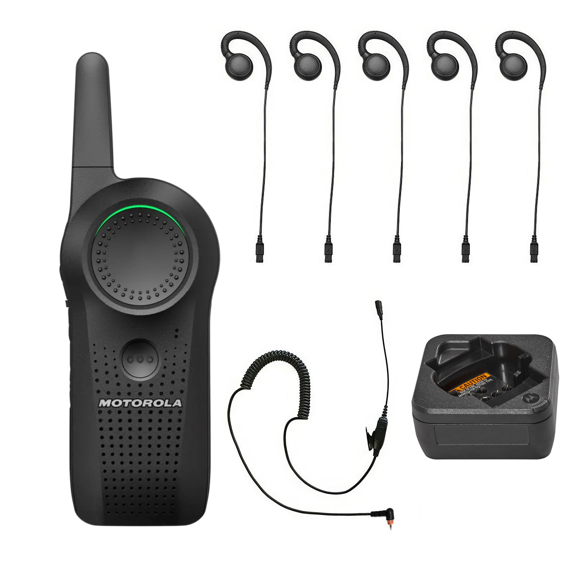 Motorola Curve five-piece earpiece set with single unit charger.