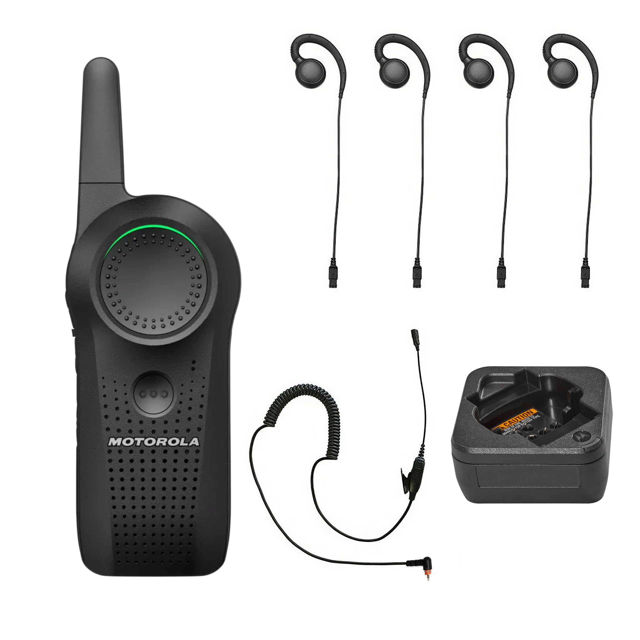 Motorola Curve four-piece earpiece set with single unit charger.