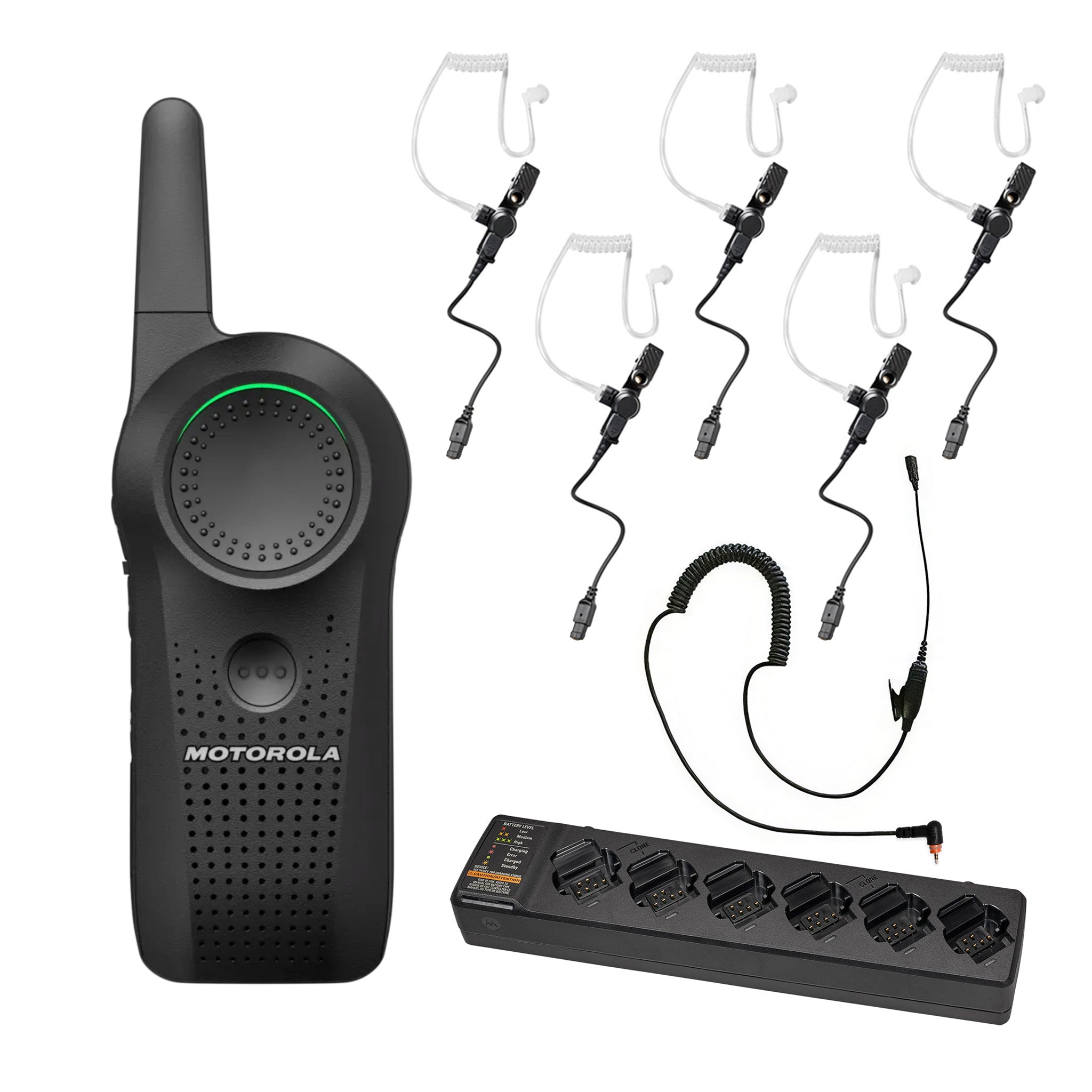 Motorola Curve five-piece earpiece set with multi unit charger.