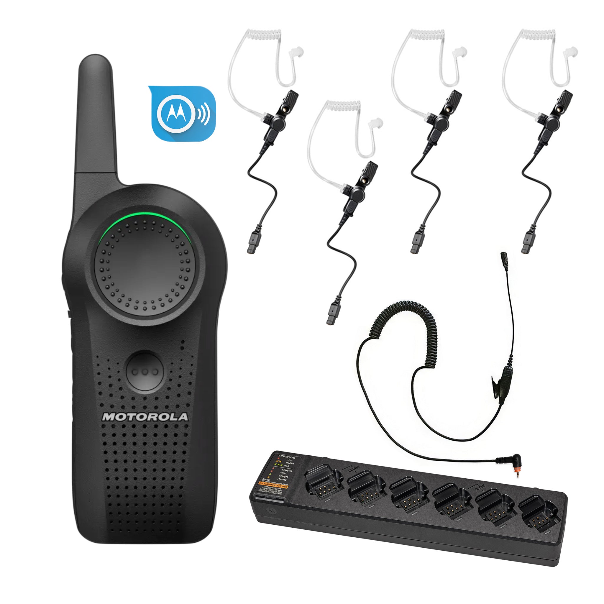 Motorola Curve four-piece earpiece set with multi unit charger and subscription.