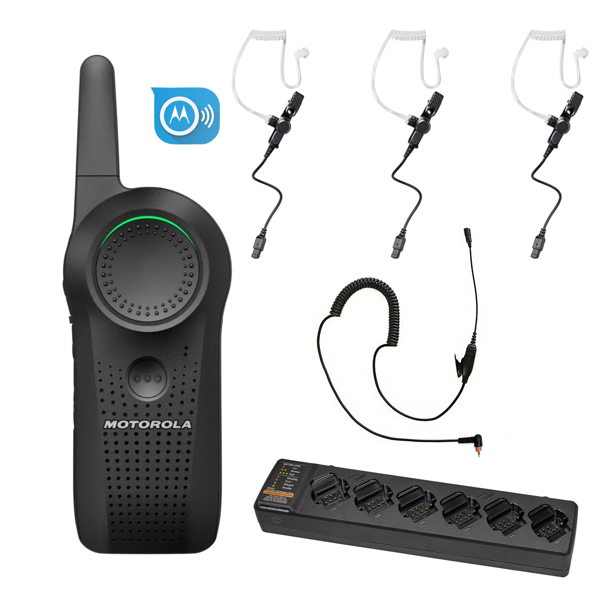 Motorola Curve three-piece earpiece set with multi unit charger and subscription.