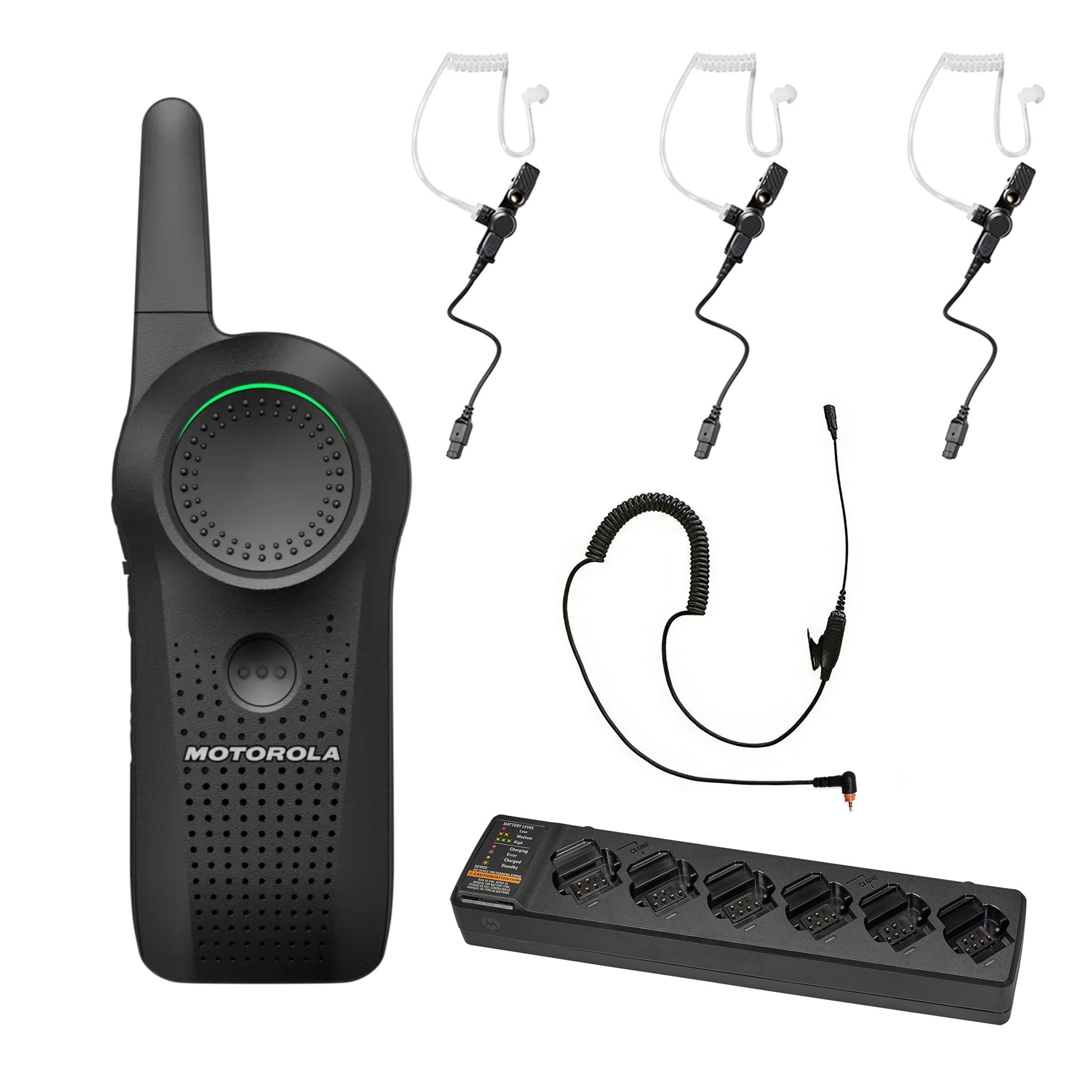 Motorola Curve three-piece earpiece set with multi unit charger.