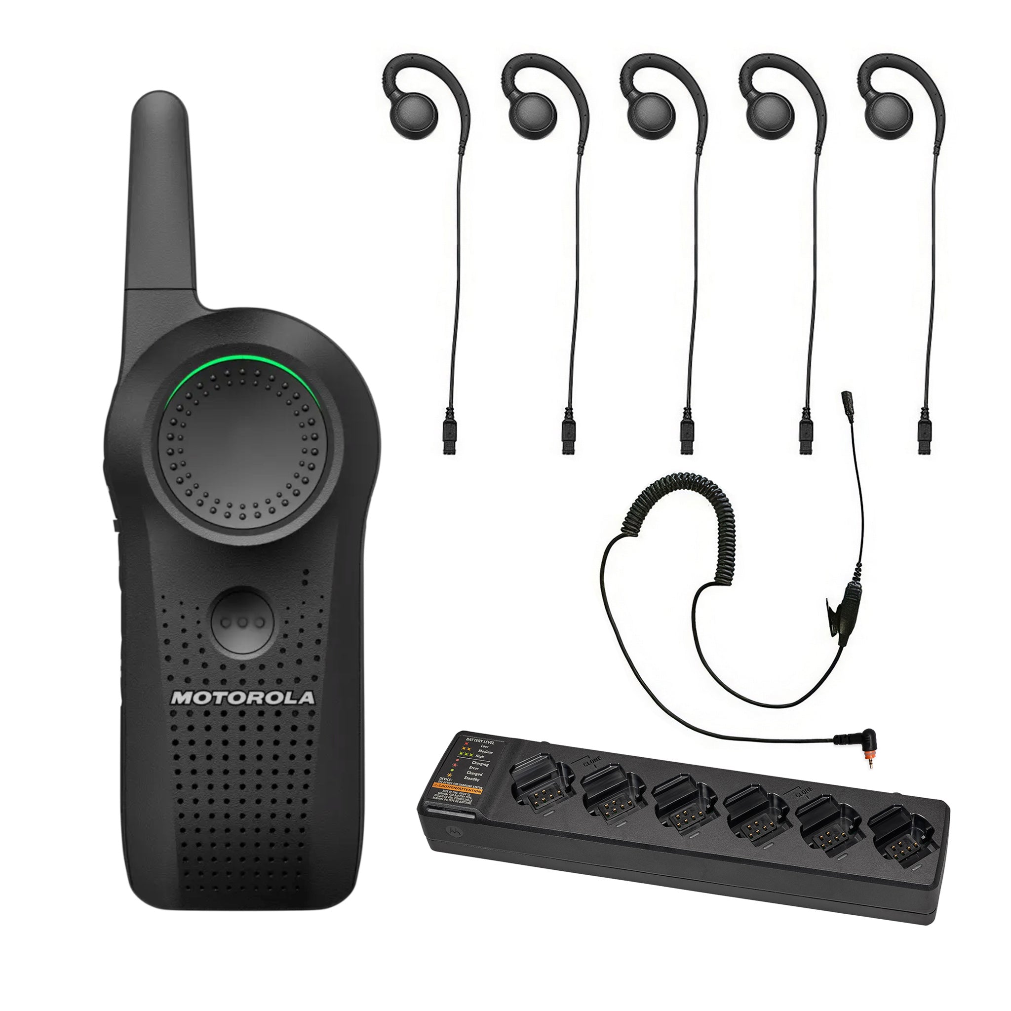 Motorola Curve five-piece earpiece set with multi unit charger.