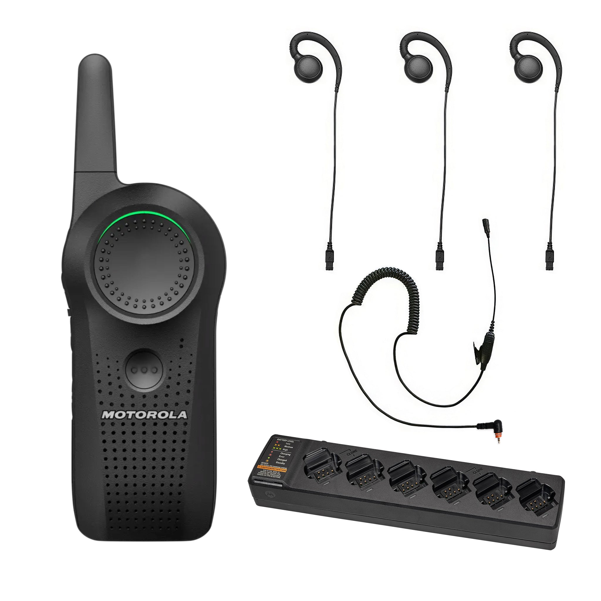 Motorola Curve three-piece earpiece set with multi unit charger.