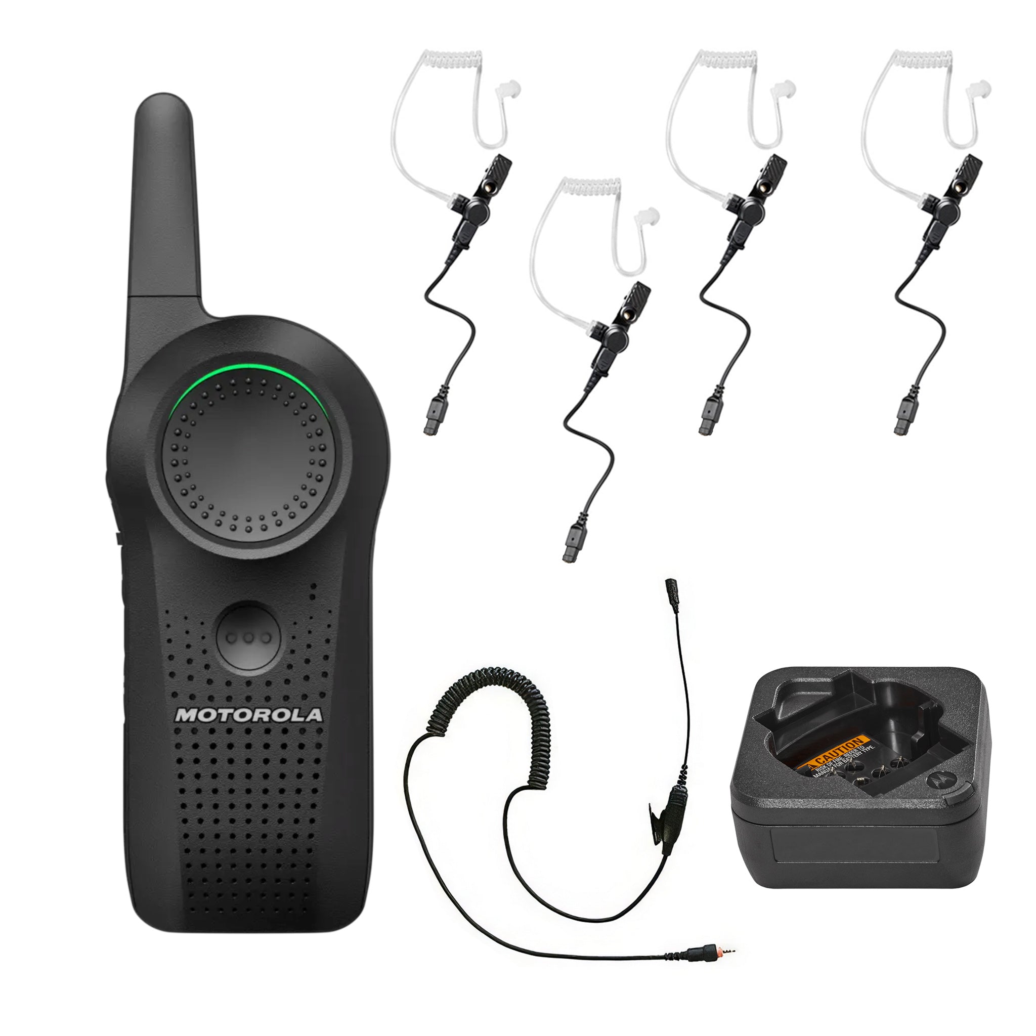 Motorola Curve four-piece earpiece set with single unit charger.