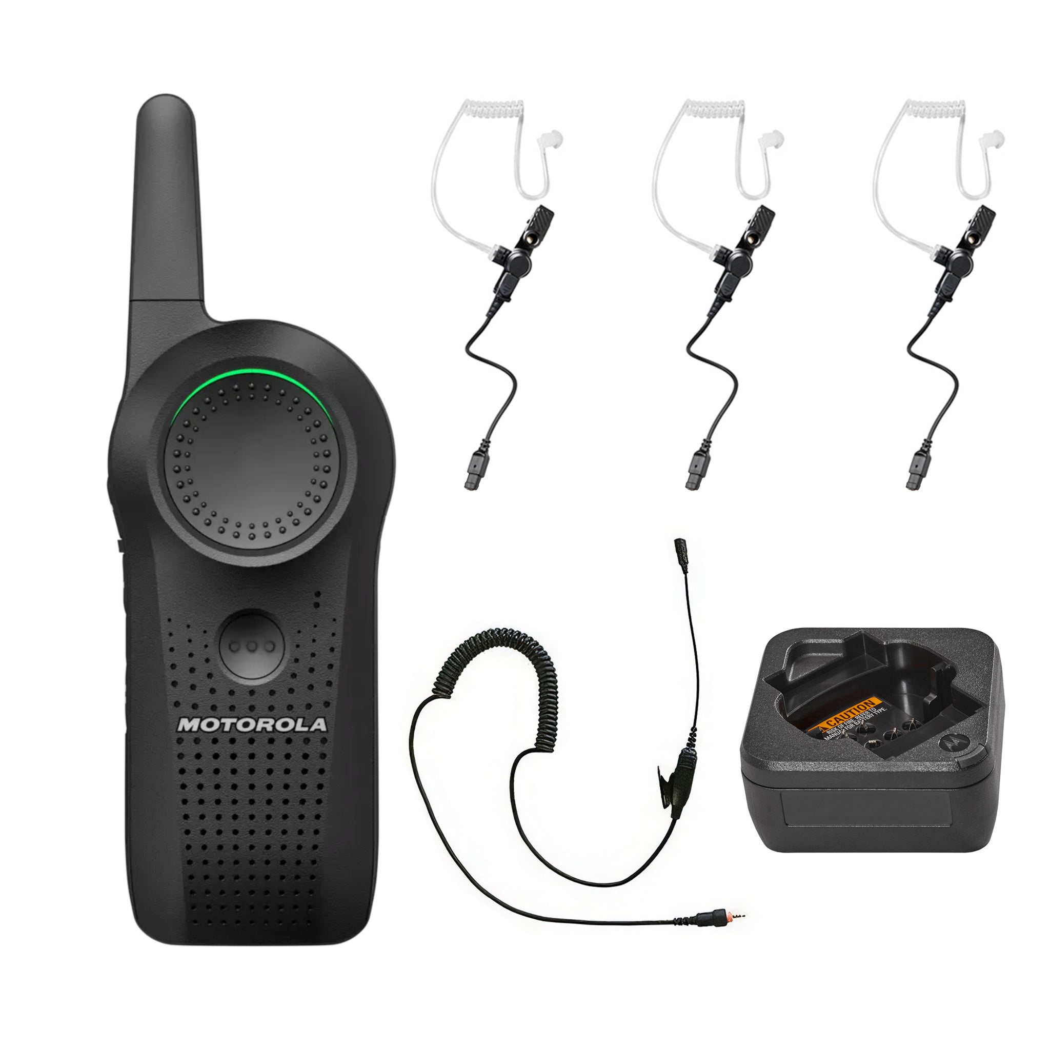 Motorola Curve three-piece earpiece set with single unit charger.