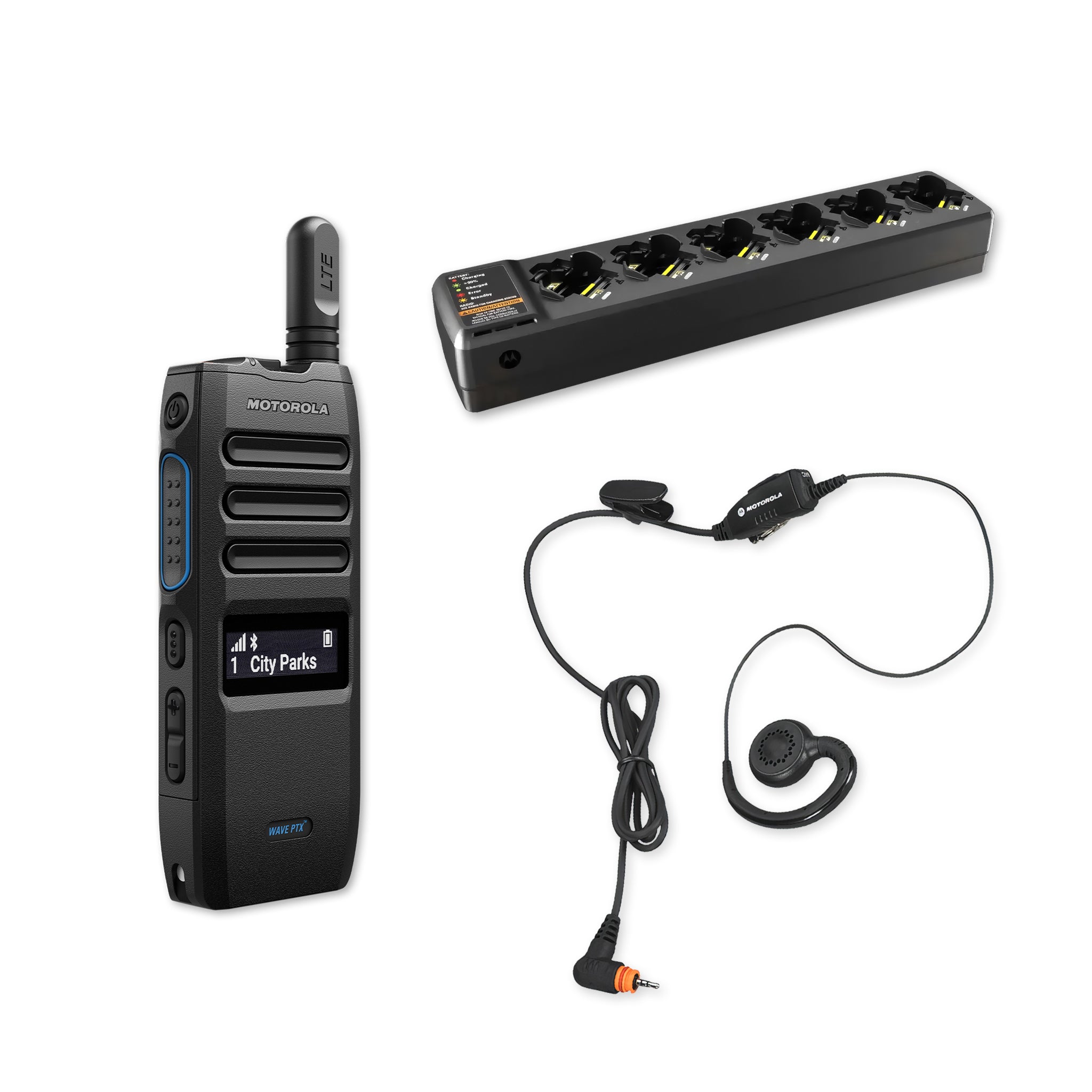 Motorola TLK 110 PMLN7189A earpiece with multi-unit charger.