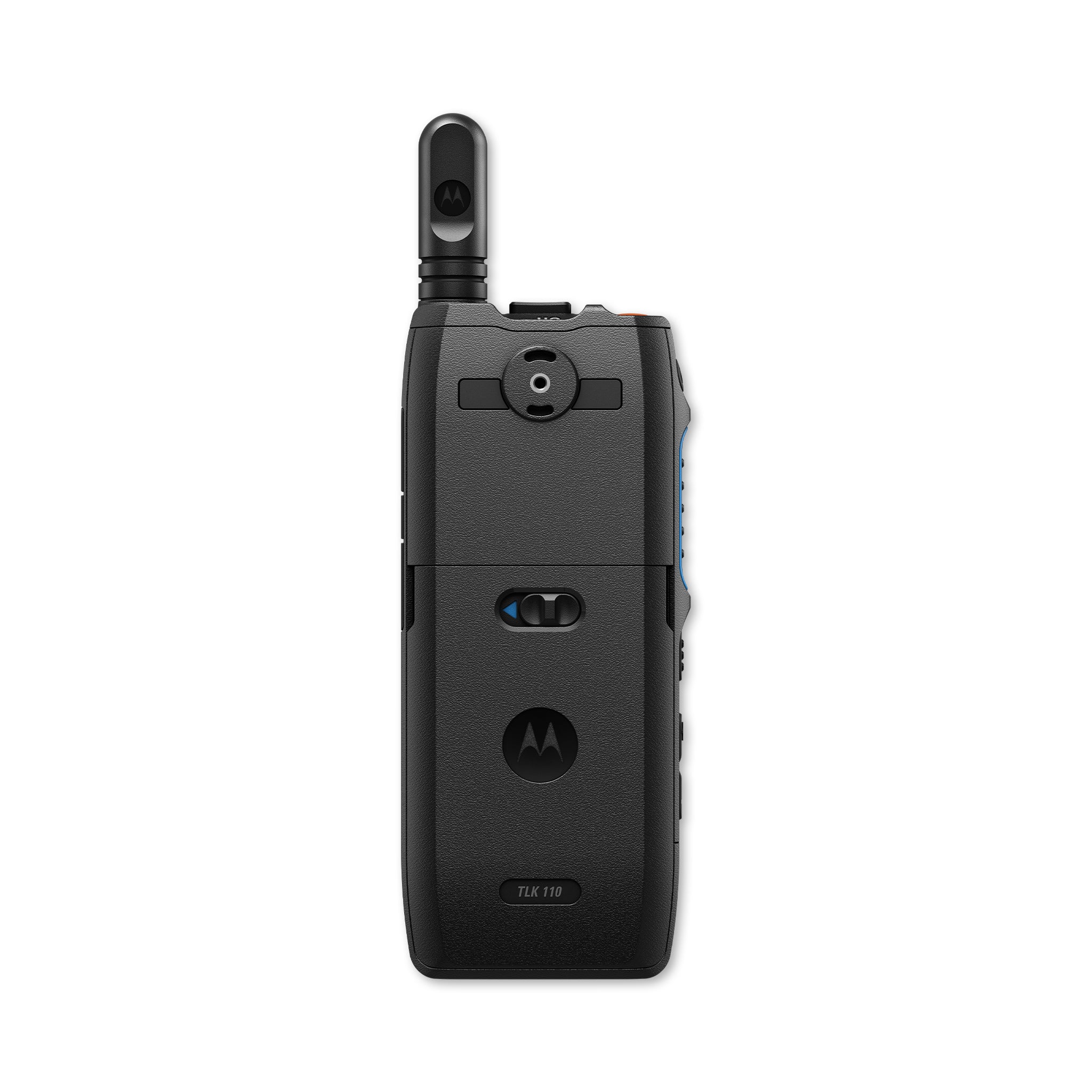 Back view of Motorola TLK 110 Wave PTX radio, featuring its clip compatibility and textured surface for secure handling.